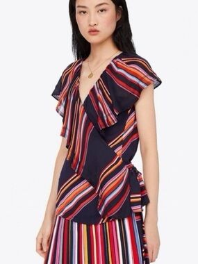 Tory Burch Navy Adelia Wrap Top with Multi-Color Stripes | Size 12